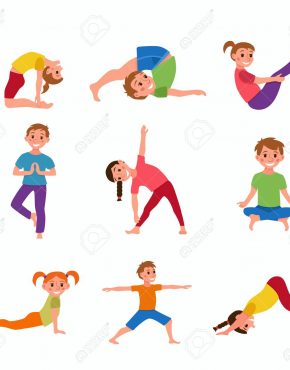Yoga kids poses set. Cute cartoon gymnastics for children and healthy lifestyle sport illustration. Vector clip art happy kids fitness exercise and yoga asana set for fitness and activity design