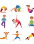 Yoga kids poses set. Cute cartoon gymnastics for children and healthy lifestyle sport illustration. Vector clip art happy kids fitness exercise and yoga asana set for fitness and activity design